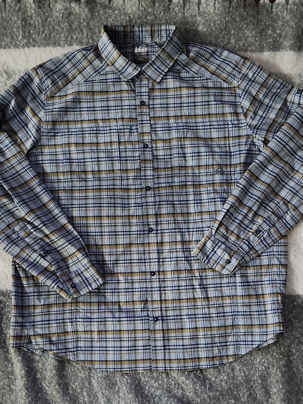 REI Co-op Sahara Plaid Hiking Fishing Shirt Men's  Sz XXL Blue Yellow Vented